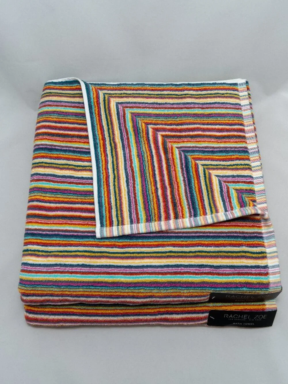 NWT Rachel Zoe Bath Towels Set of 2 Retro Multi Color Stripe Luxury Ribbed Boho
